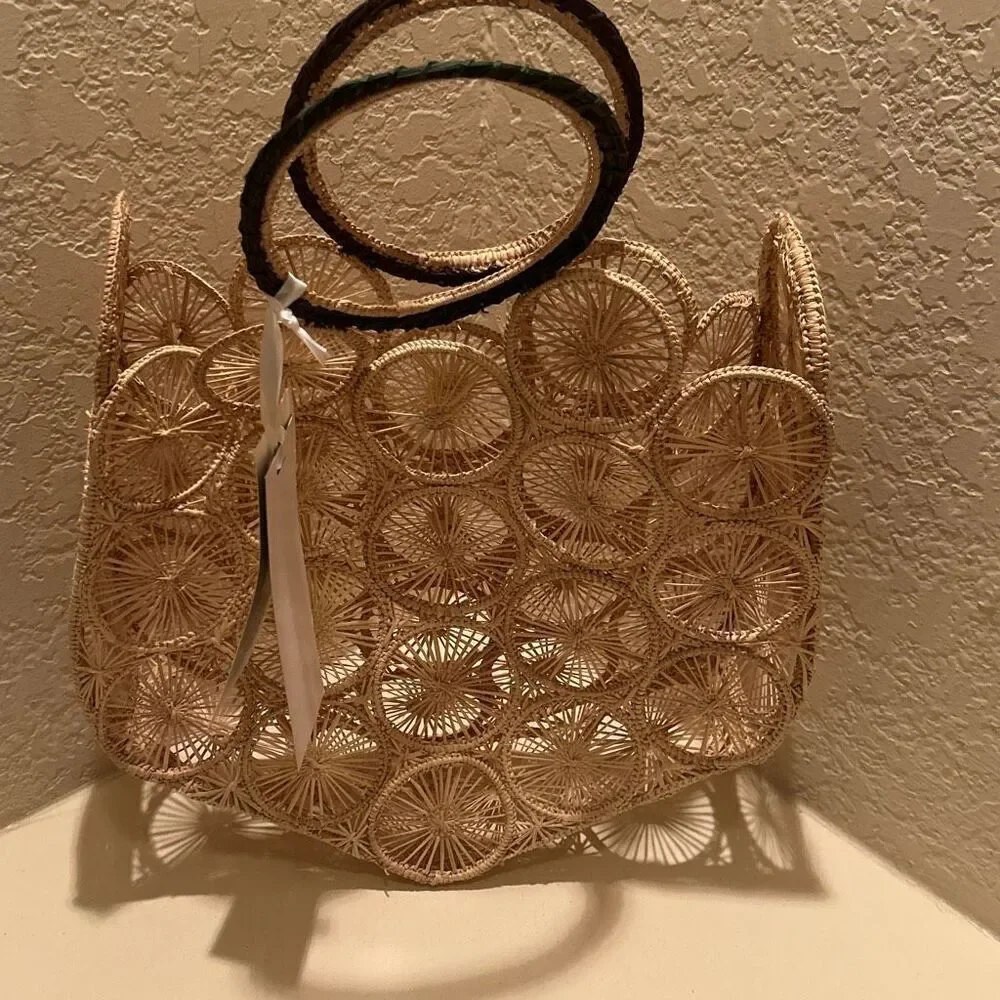 Guadalupe Alamo Basket Bag Neutral Tan Open Weave Artsy Coastal Boho Unique NWT